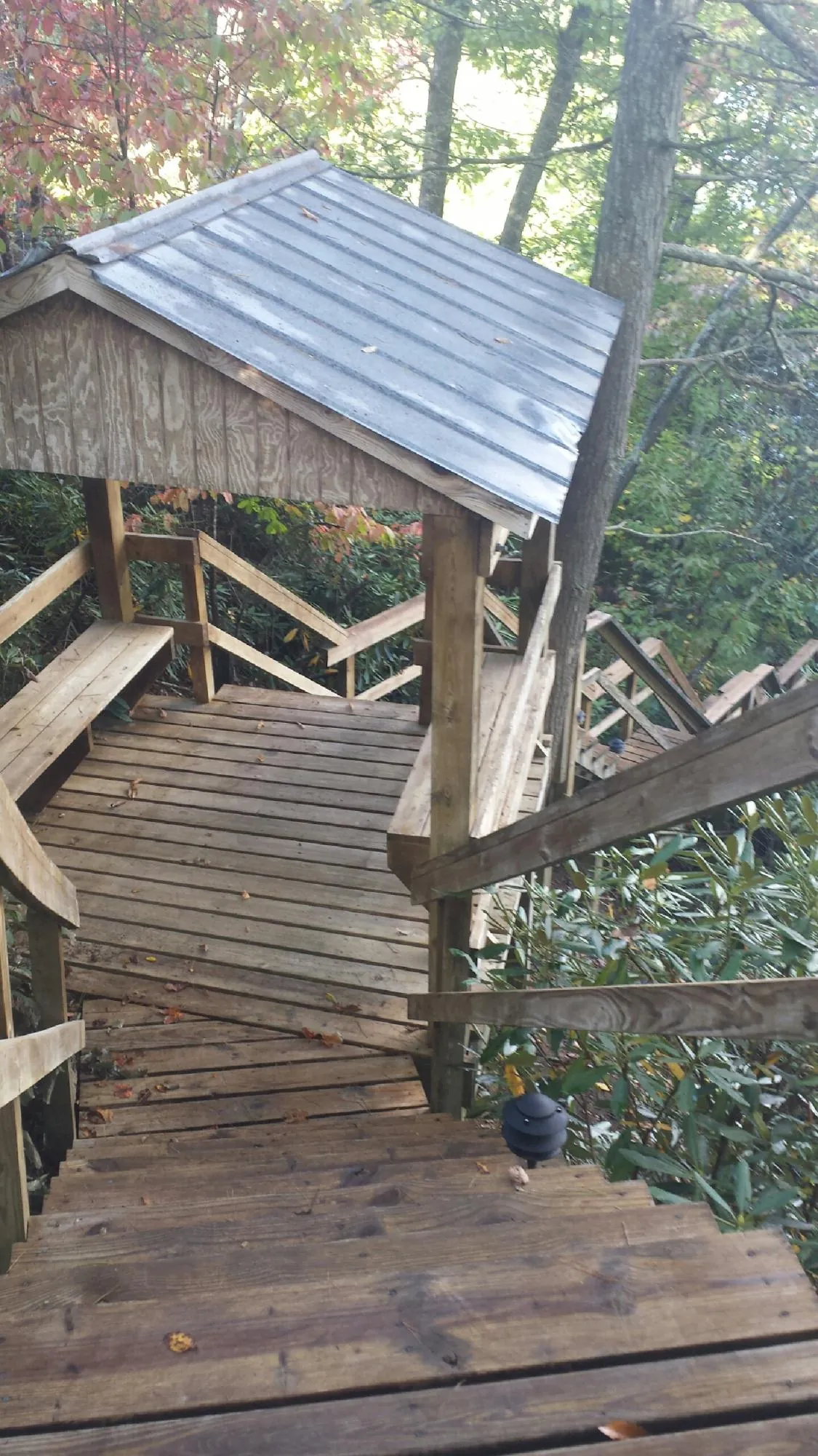 Metal roofed shelter over wooden steps on a wooded walkway — Skylight Repair & Installation work by our crew in Tiplersville